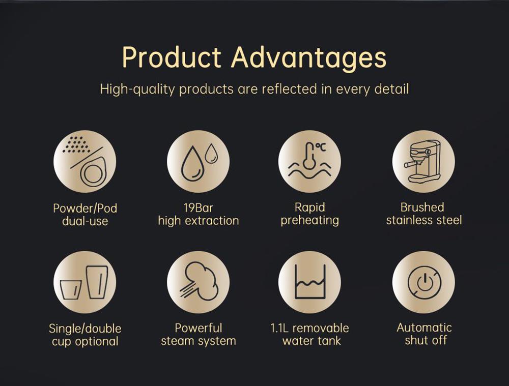 HiBREW H11 1450W kávovar, 19 barový polautomatický espresso stroj, 1,1 l nádrž na vodu, dvojité použitie ESE POD a práškového kávového nápoja, horúca voda