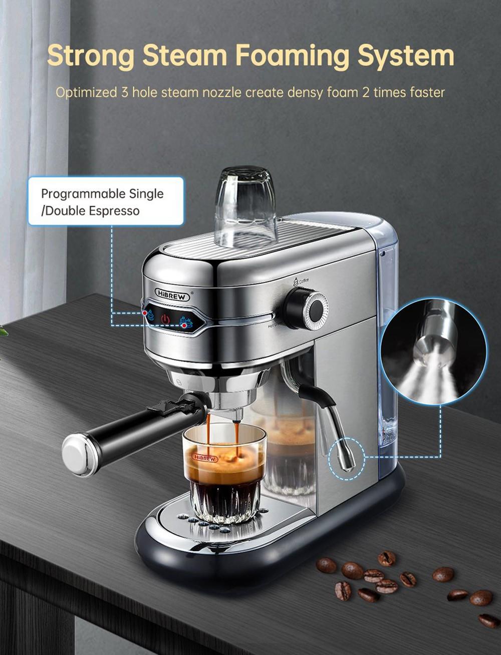 HiBREW H11 1450W kávovar, 19 barový polautomatický espresso stroj, 1,1 l nádrž na vodu, dvojité použitie ESE POD a práškového kávového nápoja, horúca voda