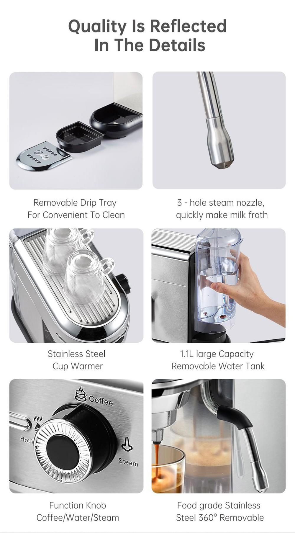 HiBREW H11 1450W kávovar, 19 barový polautomatický espresso stroj, 1,1 l nádrž na vodu, dvojité použitie ESE POD a práškového kávového nápoja, horúca voda