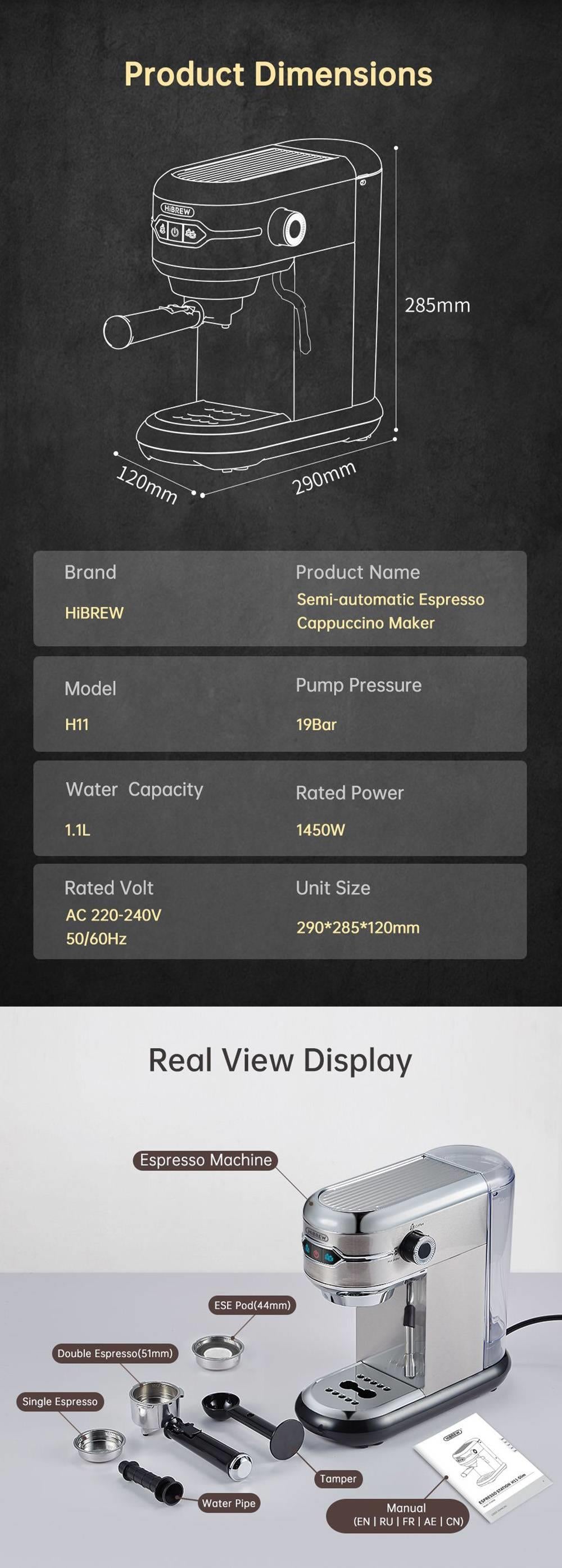 HiBREW H11 1450W kávovar, 19 barový polautomatický espresso stroj, 1,1 l nádrž na vodu, dvojité použitie ESE POD a práškového kávového nápoja, horúca voda