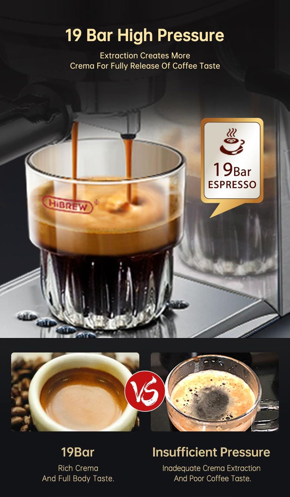HiBREW H11 1450W kávovar, 19 barový polautomatický espresso stroj, 1,1 l nádrž na vodu, dvojité použitie ESE POD a práškového kávového zrna, horúca voda