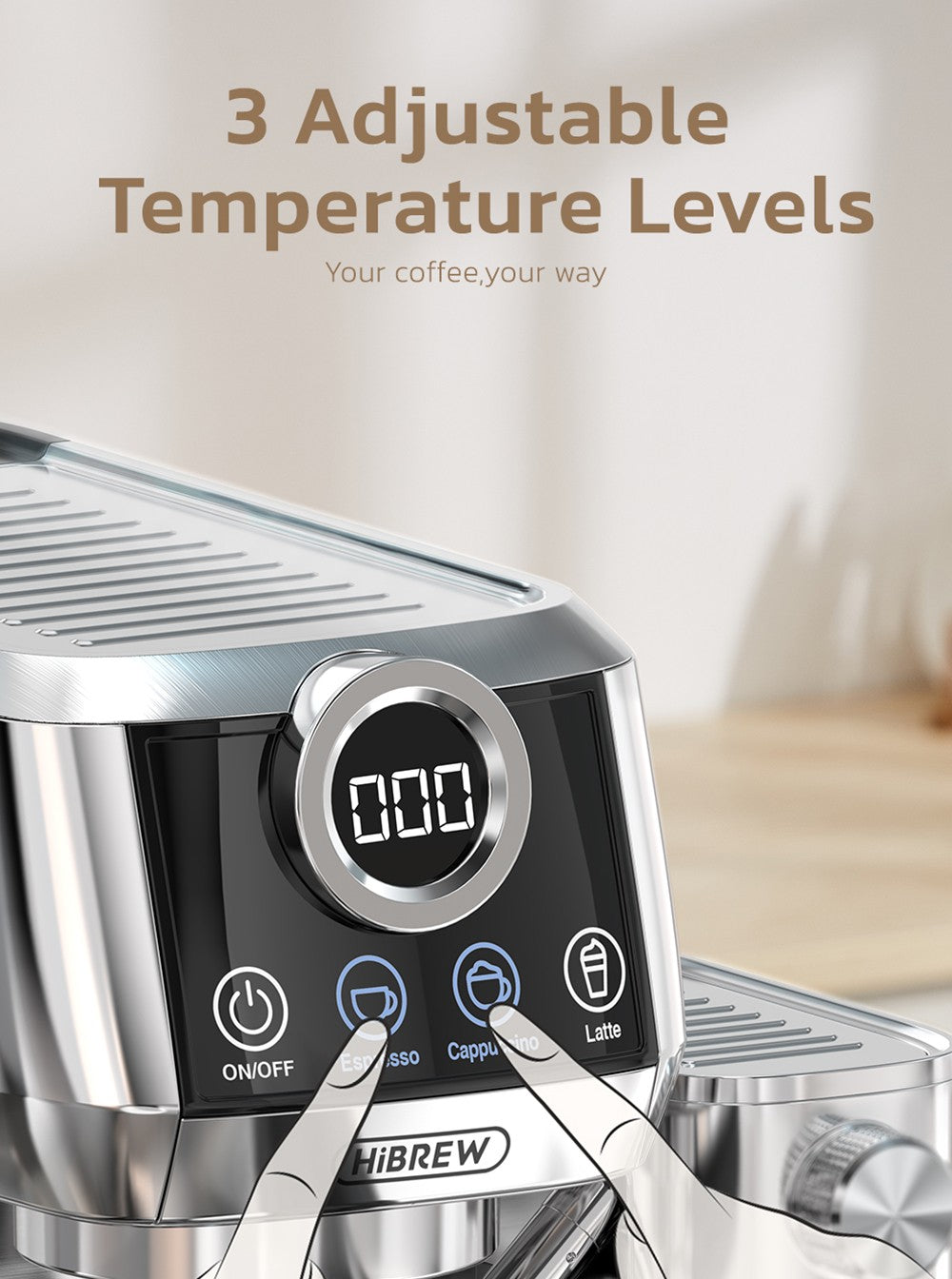 HiBREW H13A 3 v 1 polautomatický kávovar, 6 režimov kávy, extrakčný tlak 20 barov, odnímateľná nádrž na vodu s objemom 1,3 l, 51mm hliníková rukoväť, systém s dvojitým bojlerom, 3 nastaviteľné teplotné úrovne