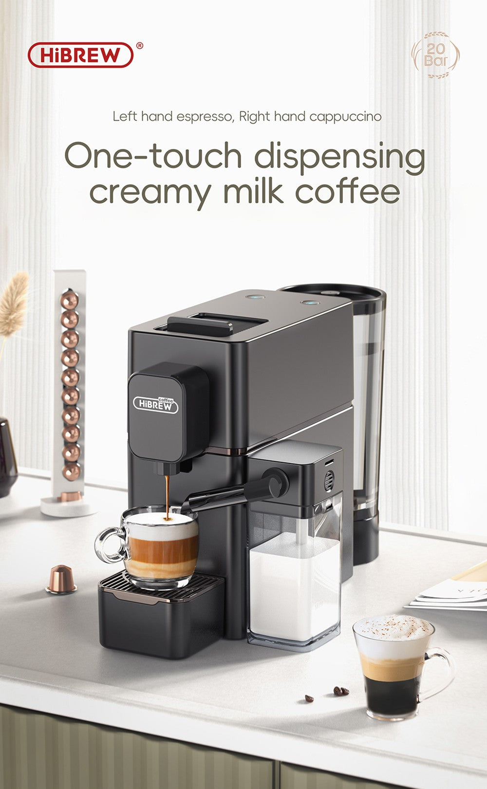 Kávovar HiBREW H15 na kapsule NES, 20 bar vysokého tlaku, odnímateľná nádobka na mlieko, nastaviteľná teplota a objem.