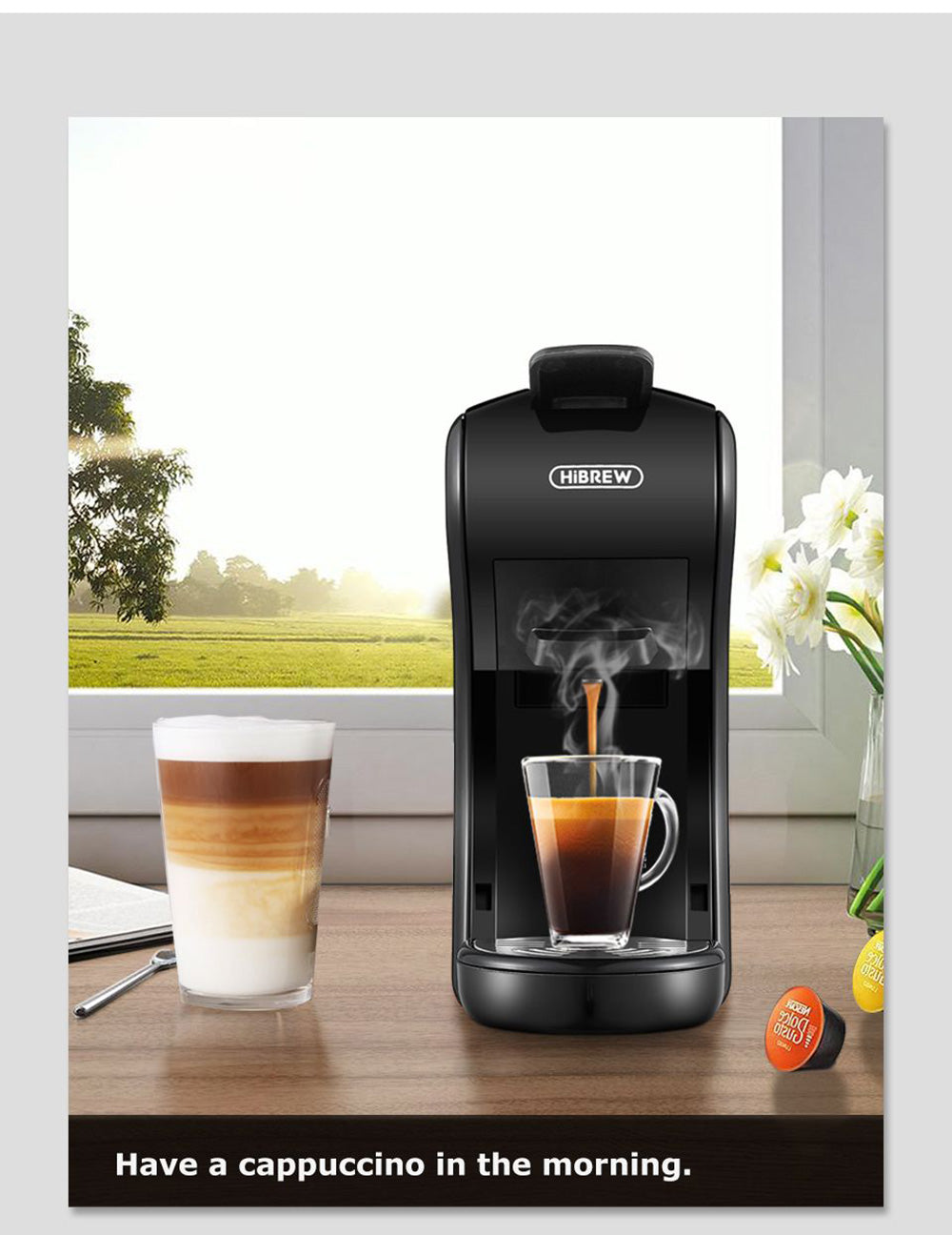 HiBREW H1A 1450W kávovar na espresso, 19 barov tlak, 4 v 1, horúca/studená voda, kompatibilný s viacerými typmi kapsúl – čierna
