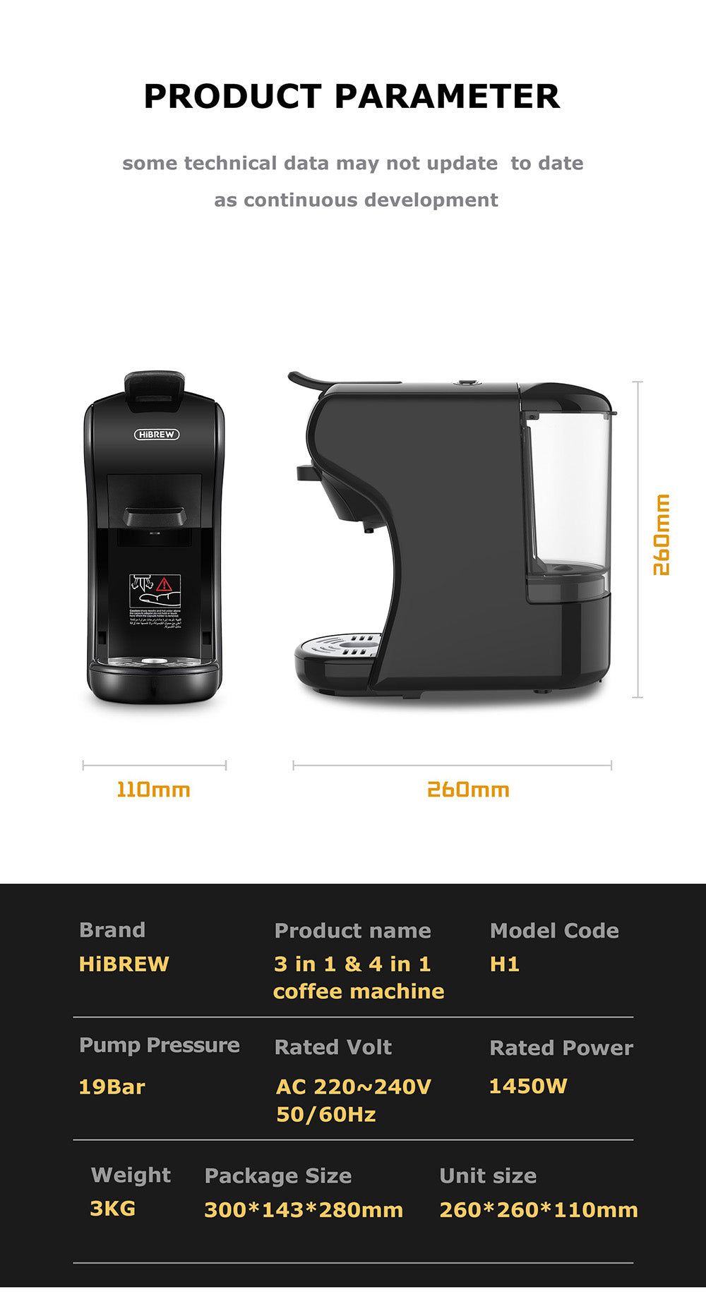 HiBREW H1A 1450W kávovar na espresso, 19 barov tlak, 4 v 1, horúca/studená voda, kompatibilný s viacerými typmi kapsúl – čierna