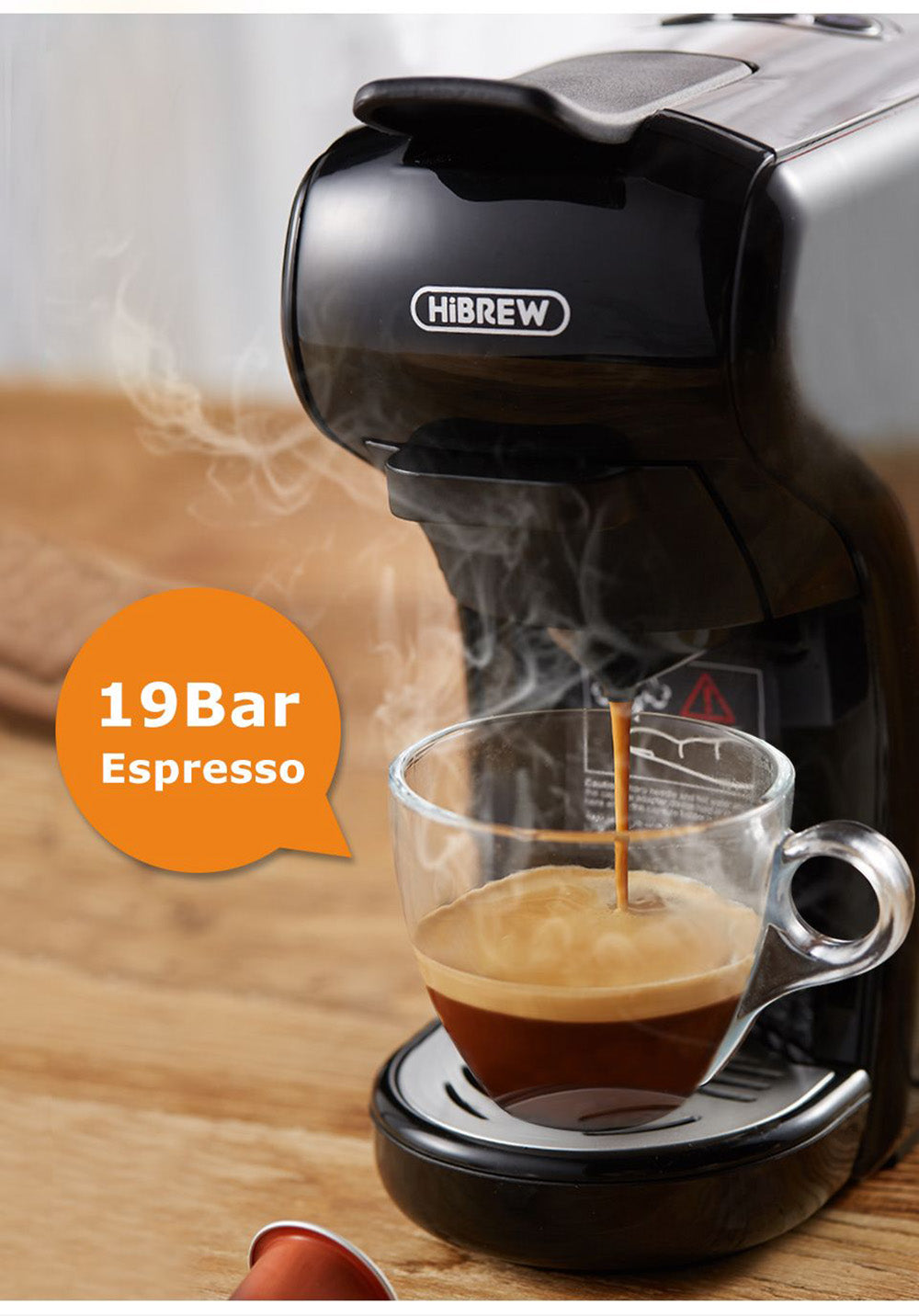 HiBREW H1A 1450W kávovar na espresso, 19 barov tlak, 4 v 1, horúca/studená voda, kompatibilný s viacerými typmi kapsúl – čierna