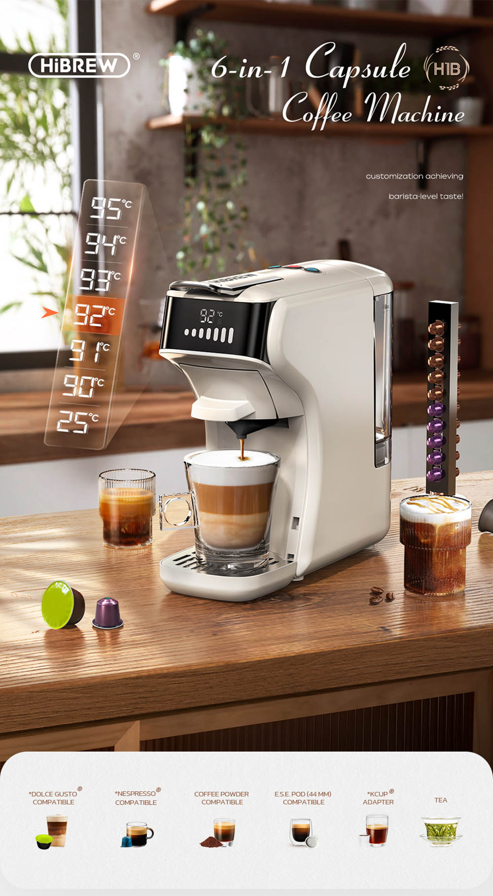 Kávovar HiBREW H1B 5 v 1 na kapsle, 600 ml nádrž na vodu, extrakčný tlak 19 bar, režim studený/teplý, LED indikátor, pre Kcup*/Nes*/DG*/Espresso prášok, béžová