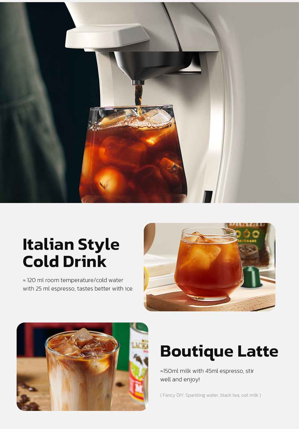 Kávovar HiBREW H1B 5 v 1 na kapsle, 600 ml nádrž na vodu, extrakčný tlak 19 bar, režim studený/teplý, LED indikátor, pre Kcup*/Nes*/DG*/Espresso prášok, béžová