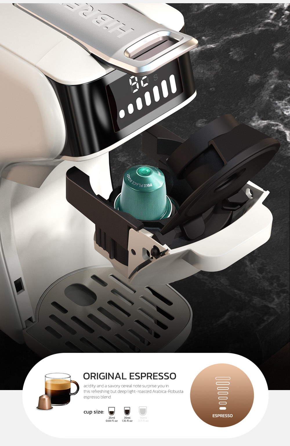 Kávovar HiBREW H1B 5 v 1 na kapsle, 600 ml nádrž na vodu, extrakčný tlak 19 bar, režim studený/teplý, LED indikátor, pre kapsle Kcup*/Nes*/DG*/Espresso prášok, béžová