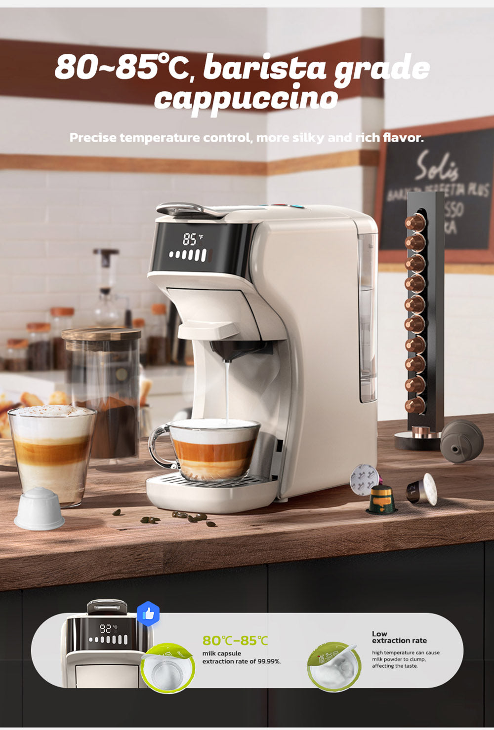 Kávovar HiBREW H1B 5 v 1 na kapsle, 600 ml nádrž na vodu, extrakčný tlak 19 bar, režim studený/teplý, LED indikátor, pre Kcup*/Nes*/DG*/Espresso prášok, béžová