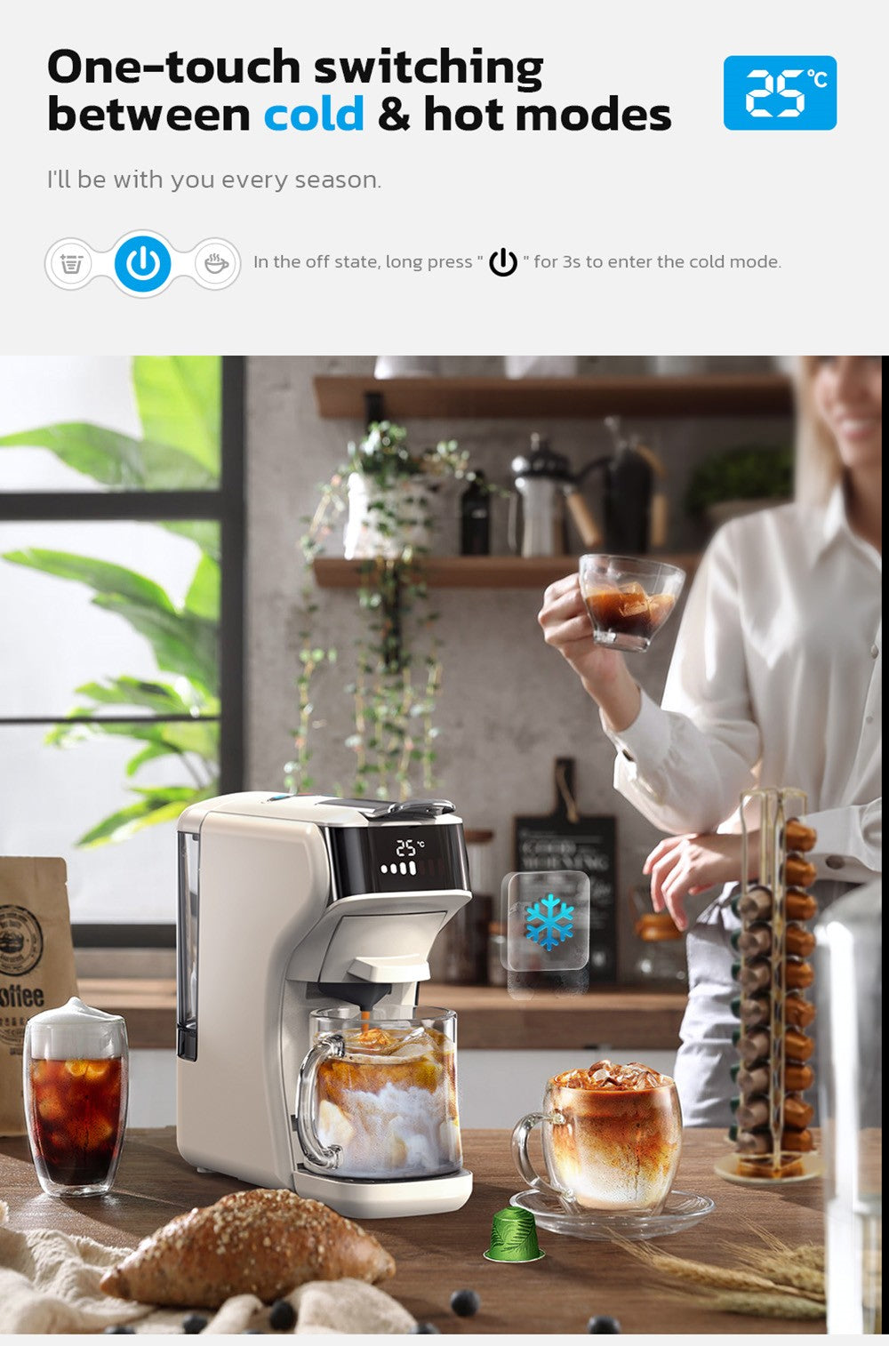 Kávovar HiBREW H1B 5 v 1 na kapsle, 600 ml nádrž na vodu, extrakčný tlak 19 bar, režim studený/teplý, LED indikátor, pre Kcup*/Nes*/DG*/Espresso prášok, béžová