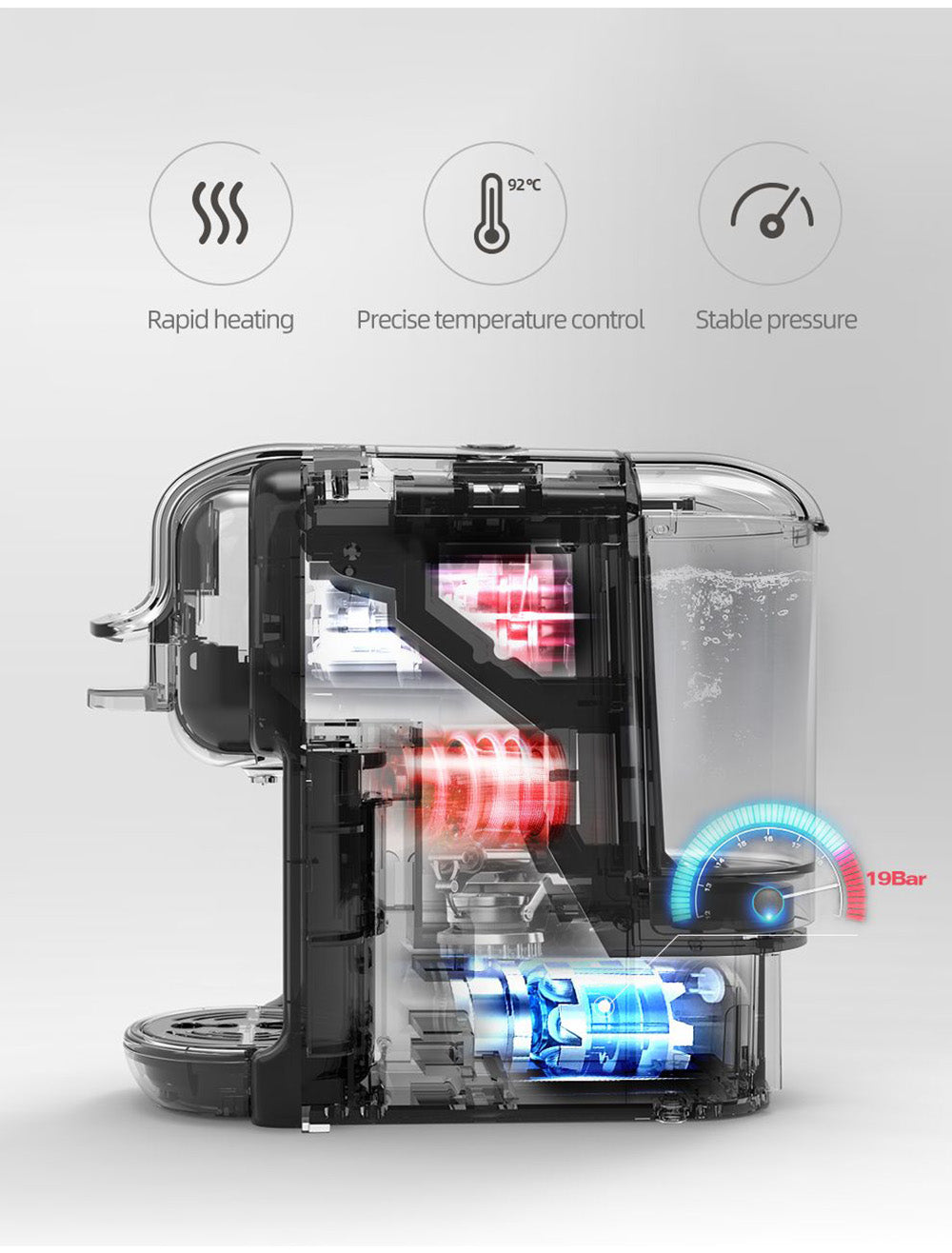 HiBREW H2B 5v1 kávovar s indikátorom hladiny vody, 1450W 19Bar kávovar na kapsle s teplou/studenou vodou, 600ml nádrž na vodu - čierna