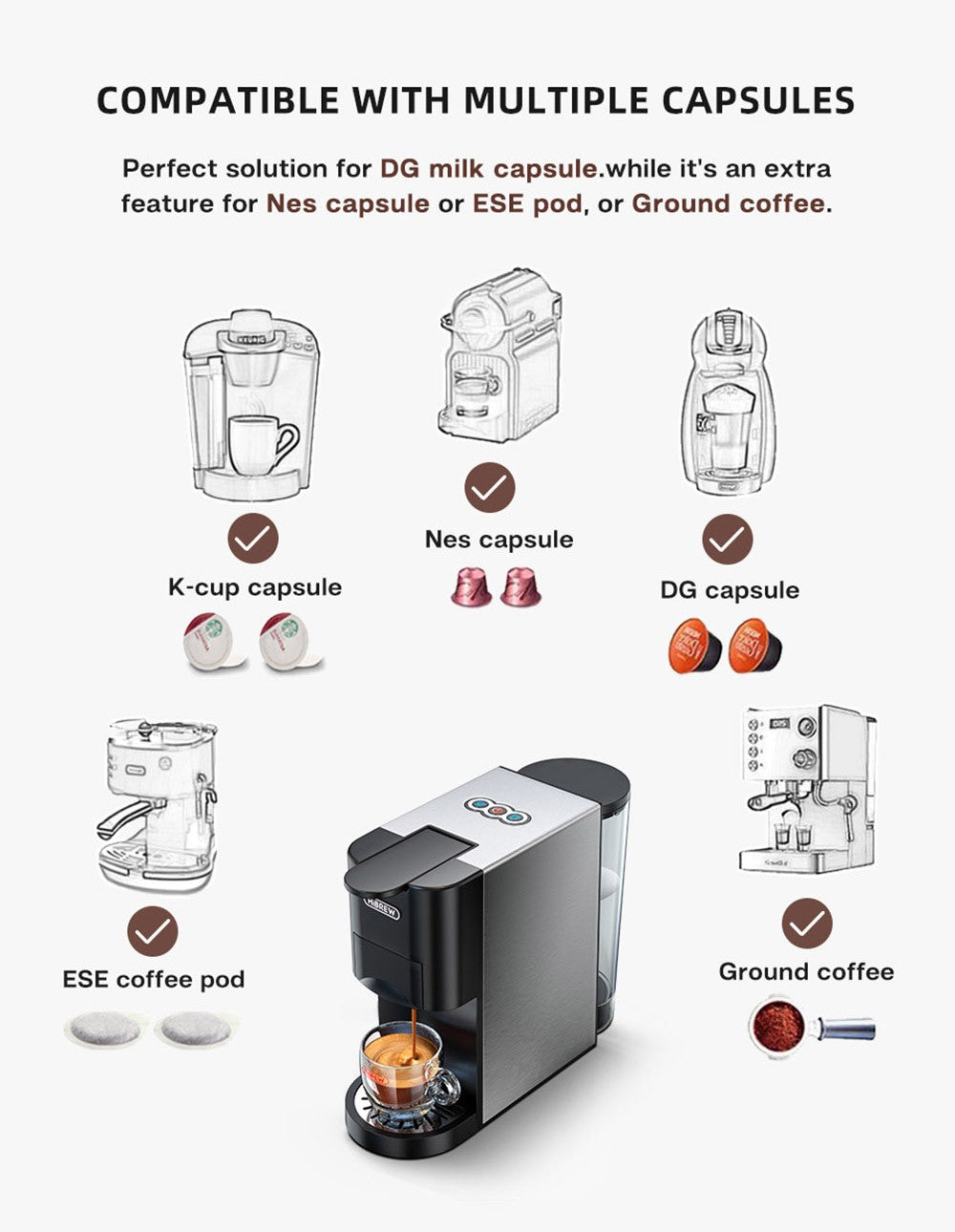 Kávovar HiBREW H3A 5 v 1, tlak 19 bar, režim studená/teplá voda, nádrž na vodu 1000 ml, ochrana proti vysušeniu - strieborná