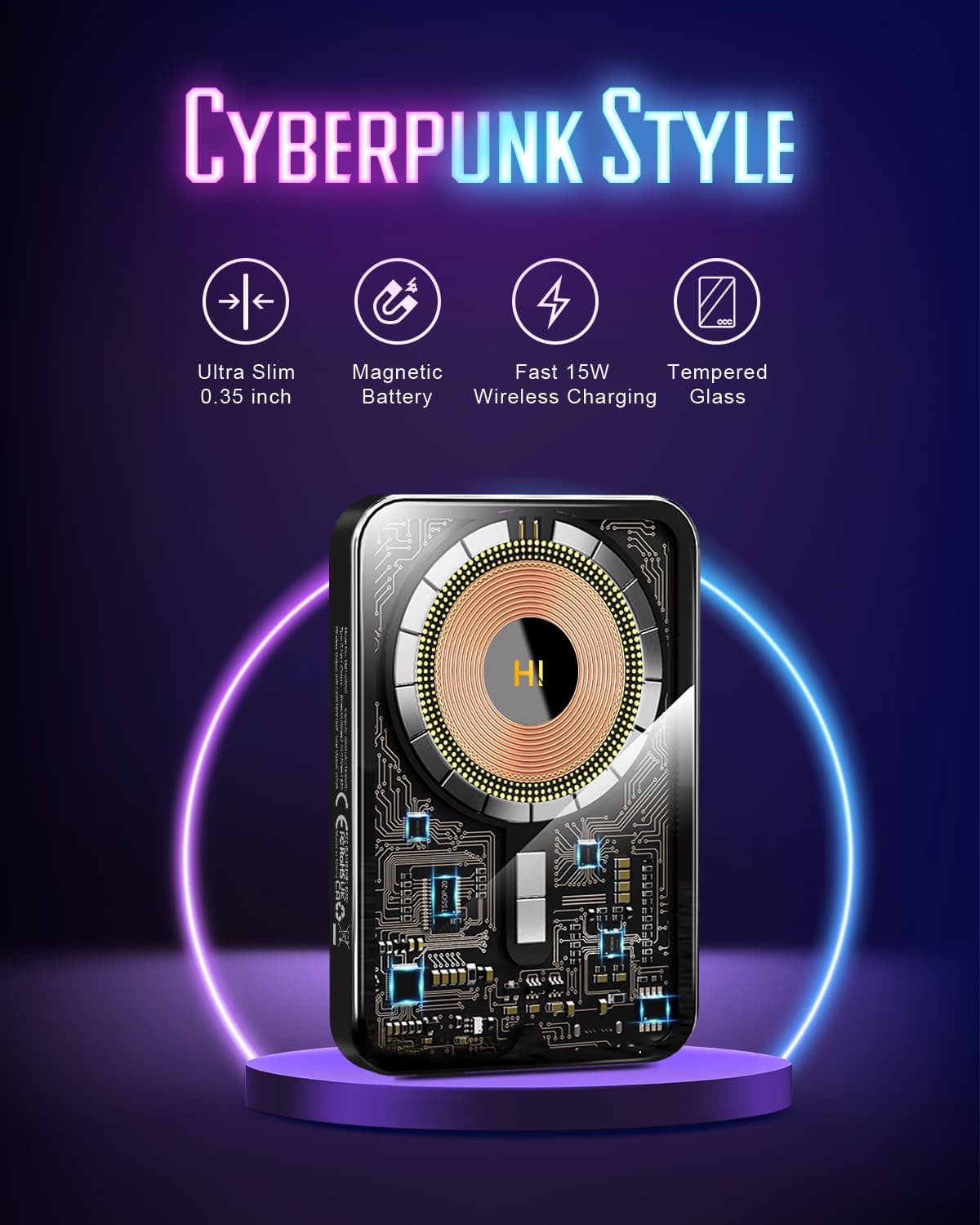 Prenosná bezdrôtová nabíjačka HINOVO MB1-5000xb, 5000mAh magnetická bezdrôtová powerbanka, 20W rýchlonabíjanie PD, cyberpunk štýl