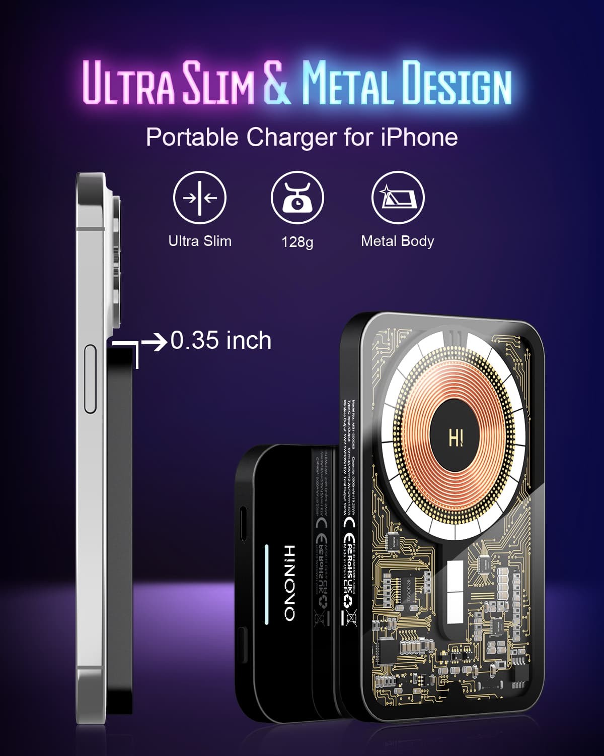Prenosná bezdrôtová nabíjačka HINOVO MB1-5000xb, 5000mAh magnetická bezdrôtová powerbanka, 20W rýchlonabíjanie PD, cyberpunk štýl