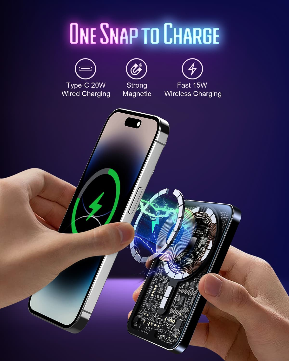 Prenosná bezdrôtová nabíjačka HINOVO MB1-5000xb, 5000mAh magnetická bezdrôtová powerbanka, 20W rýchlonabíjanie PD, cyberpunk štýl