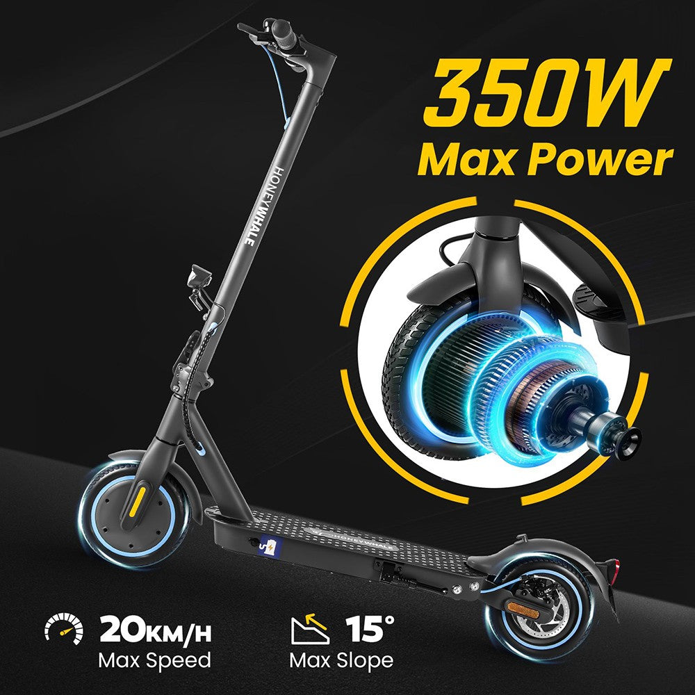 HONEY WHALE E9 Elektrická kolobežka s certifikáciou ABE, 350W motor, 36V 7.5Ah batéria, 8,5'' pneumatiky, max. rýchlosť 20 km/h, max. dojazd 25 km, ovládanie cez aplikáciu.