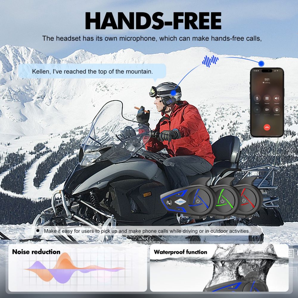 Houtonsen S3 Motocyklová prilbová náhlavná súprava, 1000M interkomunikácia, 30h prevádzky, RGB ambientné osvetlenie, Bluetooth 5.1, rozhranie Type-C, IP67 vodotesná - 2 kusy v balení