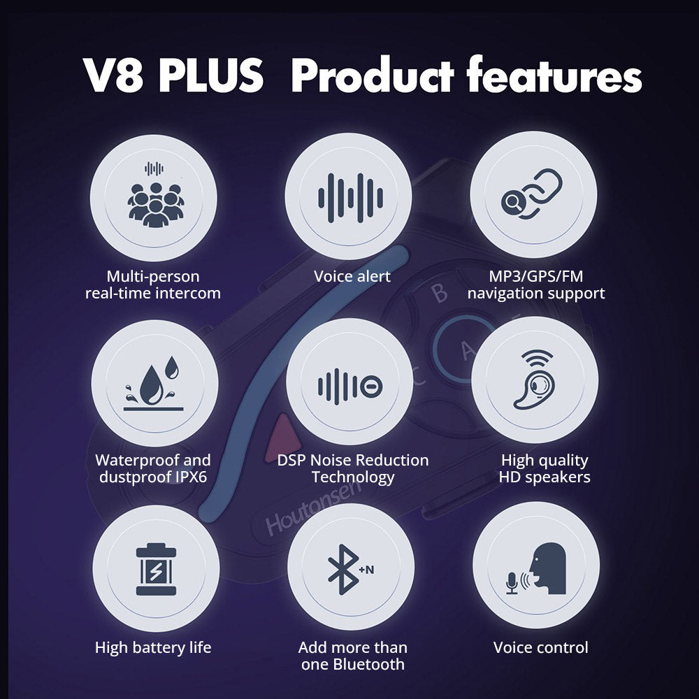 Houtonsen V8 Plus Motocyklová prilbová náhlavná súprava, 1000M 2-osobová interkomunikácia, 30h prevádzky, redukcia šumu, podpora MP3/GPS/FM navigácie, AI hlasový asistent, IPX67 vodotesná, Bluetooth 5.2 - 1 ks balenie