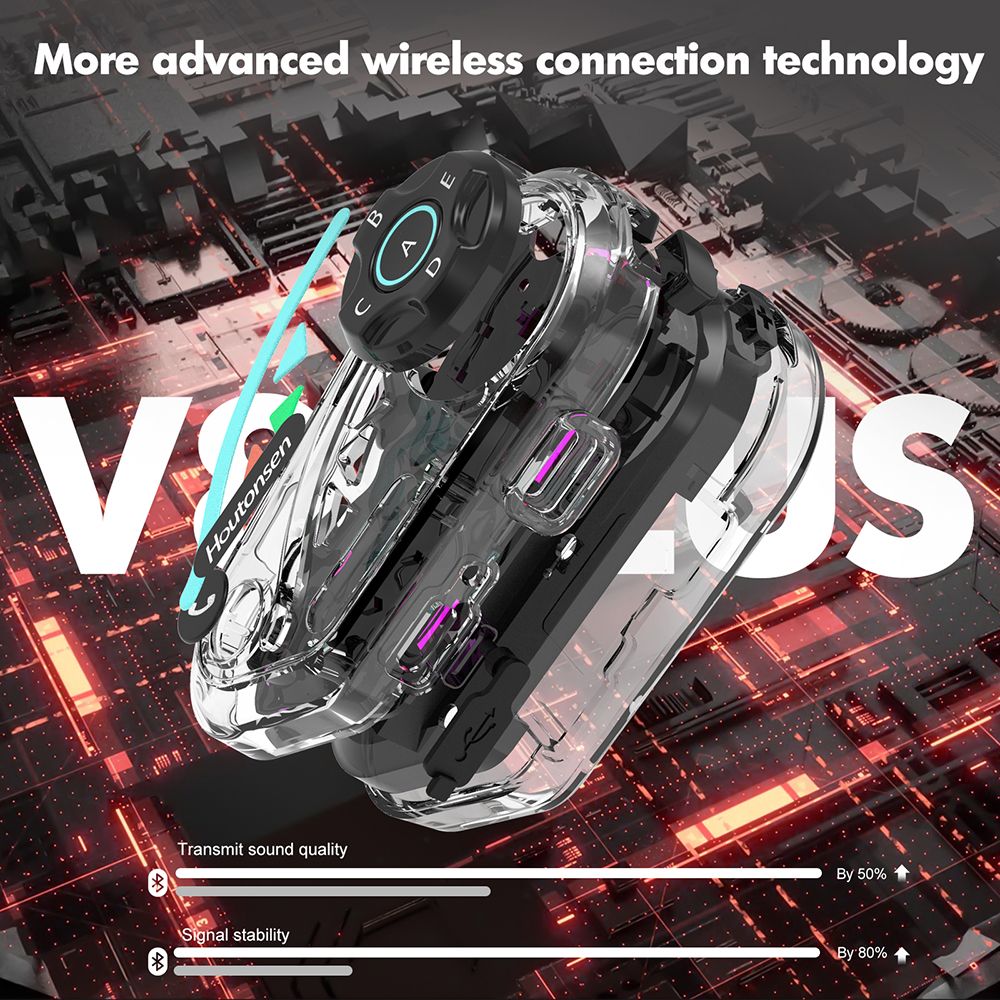 Houtonsen V8 Plus Motocyklová prilbová náhlavná súprava, 1000M 2-osobová interkomunikácia, 30h prevádzky, redukcia šumu, podpora MP3/GPS/FM navigácie, AI hlasový asistent, IPX67 vodotesná, Bluetooth 5.2 - 1 ks balenie