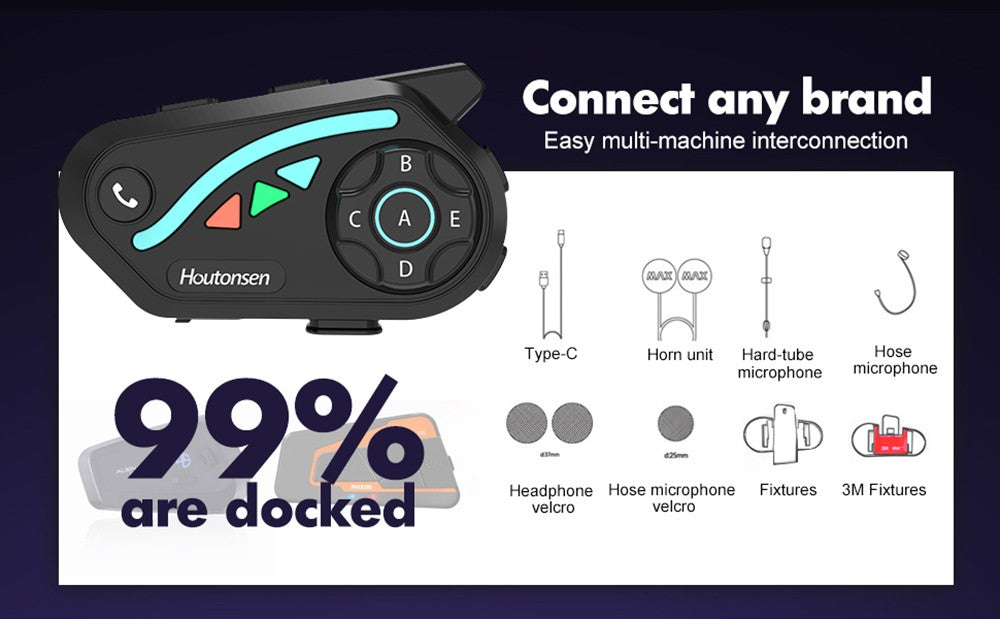 Houtonsen V8 Plus Motocyklová prilbová náhlavná súprava, 1000M 2-osobový interkom, 30h prevádzky, redukcia šumu, podpora MP3/GPS/FM navigácie, AI hlasový asistent, IPX67 vodotesná, Bluetooth 5.2 - 1 ks balenie