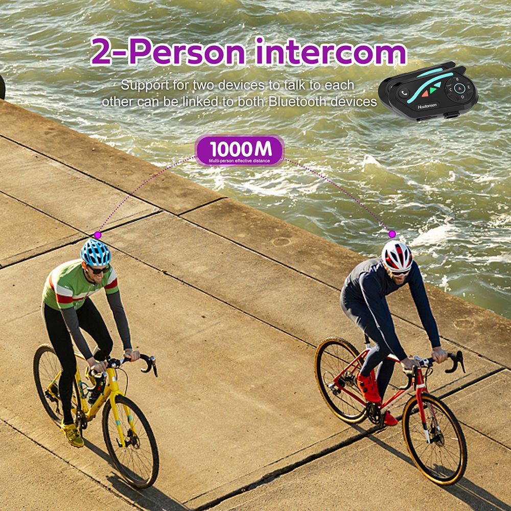 Houtonsen V8 Plus Motocyklová prilbová náhlavná súprava, 1000M 2-osobová interkomunikácia, 30h prevádzky, redukcia šumu, podpora MP3/GPS/FM navigácie, AI hlasový asistent, IPX67 vodotesná, Bluetooth 5.2 - 1 ks balenie