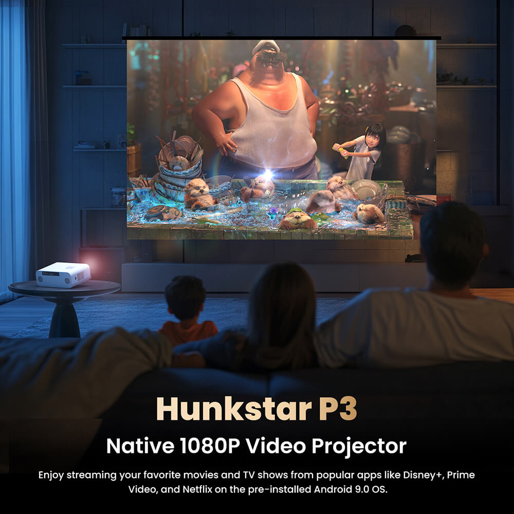 Hunkstar P3 1000 ANSI Android projektor, natívne 1080P, 4K dekódovanie, HDR10, automatická korekcia lichobežníkového zkreslenia a automatické zaostrenie, Android 9.0, Bluetooth 5.0, WiFi 6, 2*5W reproduktory