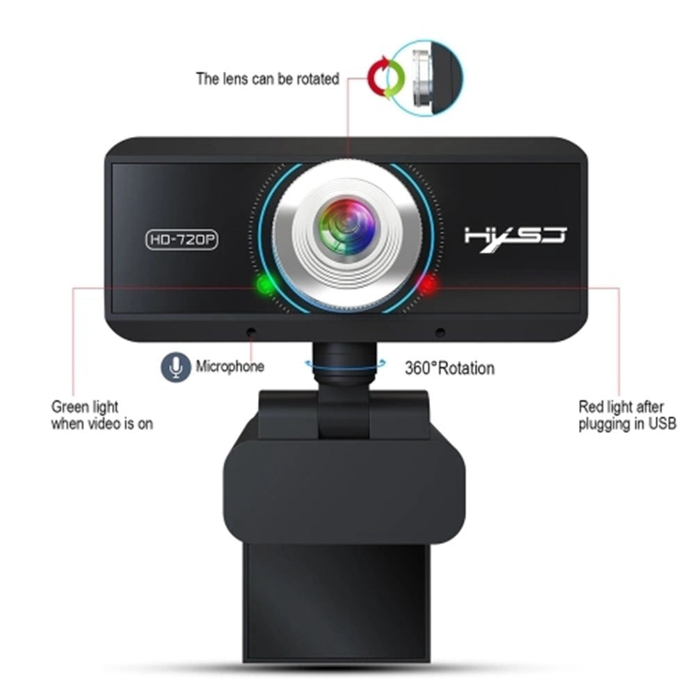 HXSJ S90 720P HD webkamera, USB kompatibilná, nastaviteľný uhol, automatická korekcia farieb, zabudovaný zvukový mikrofón, pre notebook, stolný počítač, TV – čierna