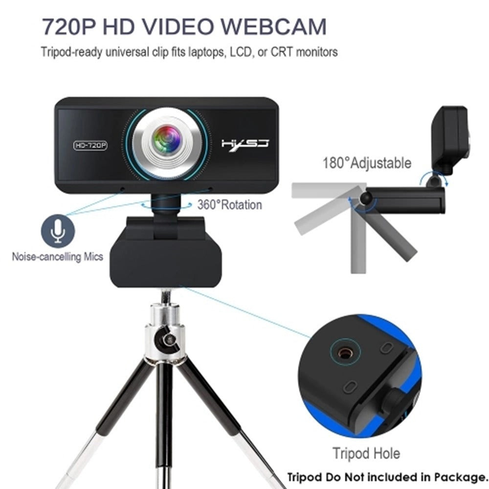 HXSJ S90 720P HD webkamera, USB kompatibilná, nastaviteľný uhol, automatická korekcia farieb, zabudovaný zvukový mikrofón, pre notebook, stolný počítač, TV – čierna