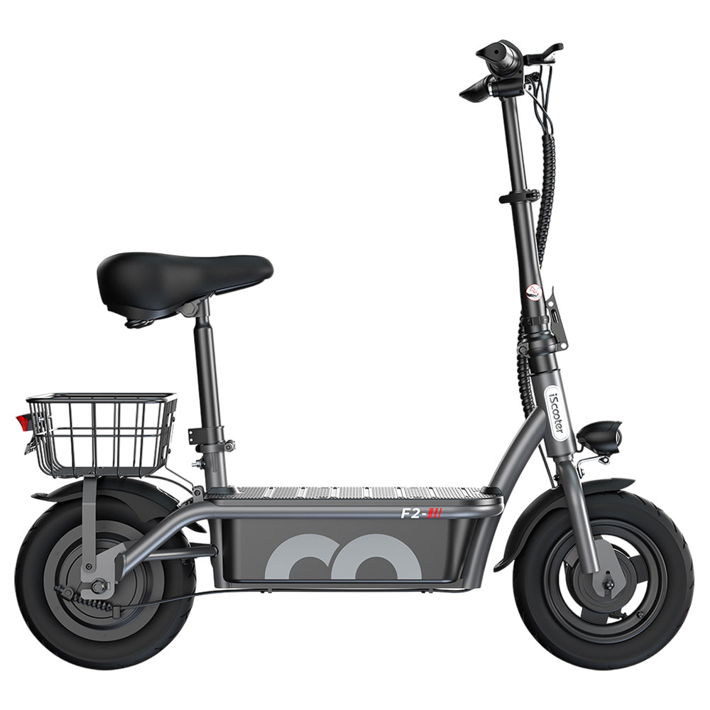 iScooter F2 Electric Scooter with Seat &amp; Rear Basket, 500W Motor, 36V 7.8Ah Battery, 10 inch Tires, 30km/h Max Speed, 30km Range, Front &amp; Rear Drum Brakes, 120kg Max Load