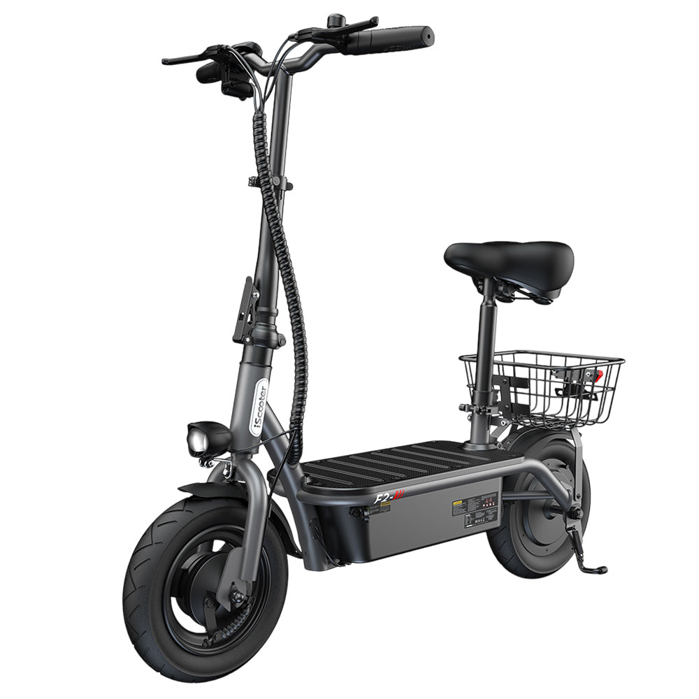 iScooter F2 Electric Scooter with Seat &amp; Rear Basket, 500W Motor, 36V 7.8Ah Battery, 10 inch Tires, 30km/h Max Speed, 30km Range, Front &amp; Rear Drum Brakes, 120kg Max Load