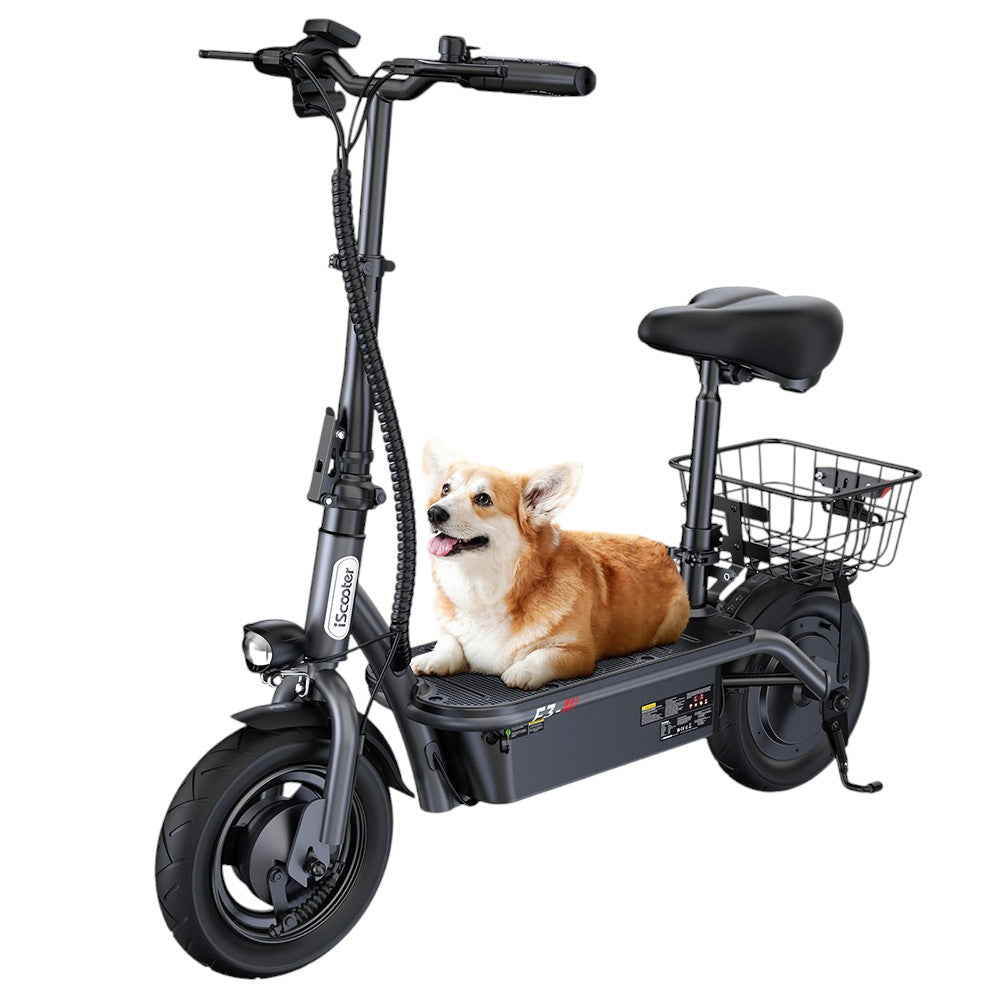 iScooter F3 Electric Scooter with Seat &amp; Rear Basket, 1000W Motor, 48V 13Ah Battery, 10 inch Pneumatic Tire, 45km/h Max Speed, 60km Range, Front &amp; Rear Drum Brake, 120kg Max Load