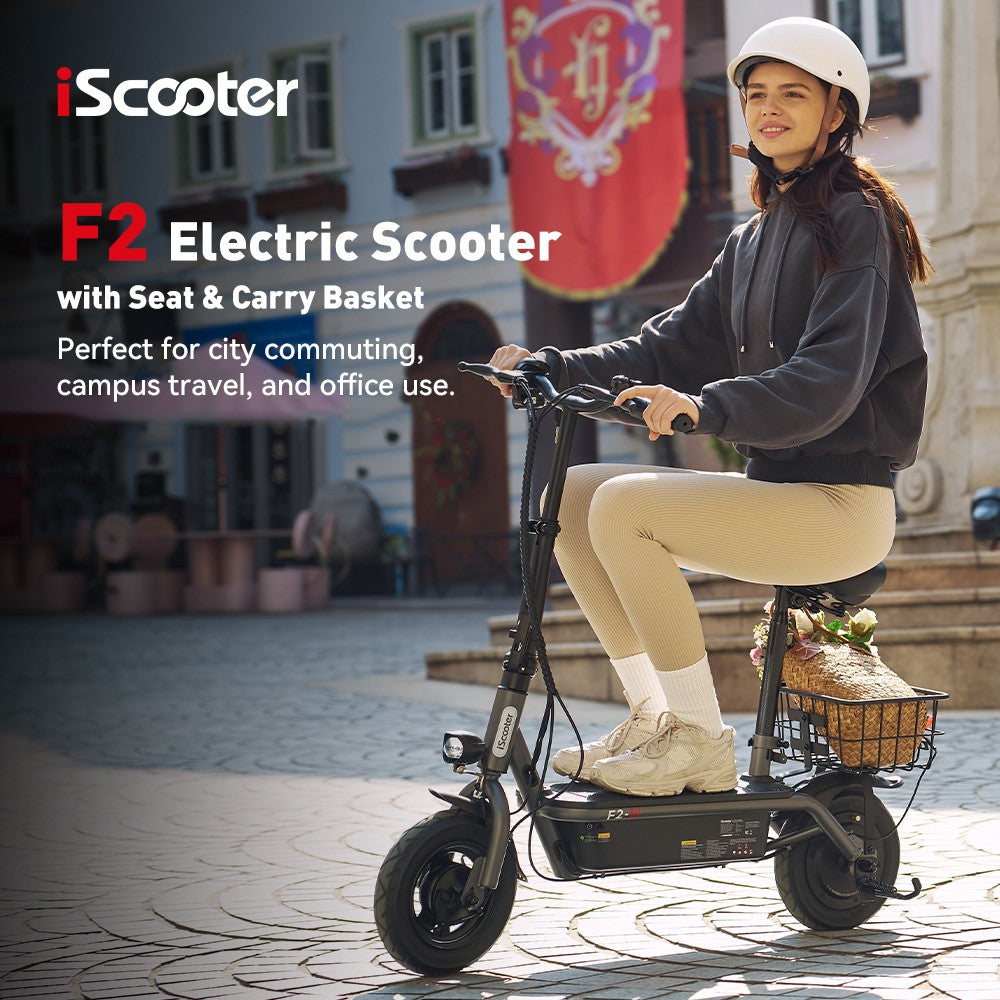 Električný skúter iScooter F2 s sedadlom a zadným košíkom, 500W motor, 36V 7.8Ah batéria, 10-palcové pneumatiky, maximálna rýchlosť 30 km/h, dojazd 30 km, predné a zadné bubnové brzdy, maximálne zaťaženie 120 kg.