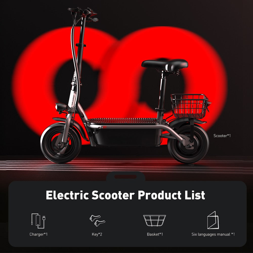 Električný skúter iScooter F2 s sedadlom a zadným košíkom, 500W motor, 36V 7.8Ah batéria, 10-palcové pneumatiky, maximálna rýchlosť 30 km/h, dojazd 30 km, predné a zadné bubnové brzdy, maximálne zaťaženie 120 kg.