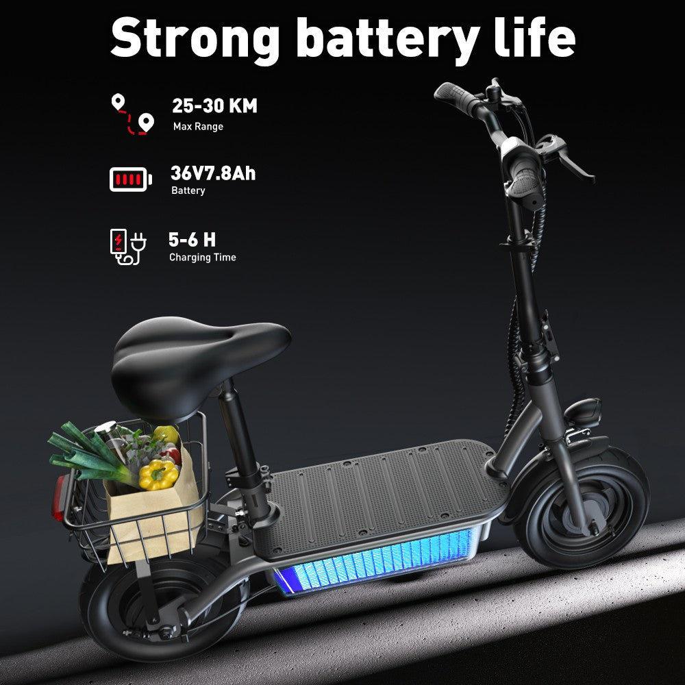 Električný skúter iScooter F2 s posedením a zadným košíkom, 500W motor, 36V 7.8Ah batéria, 10-palcové pneumatiky, maximálna rýchlosť 30 km/h, dojazd 30 km, predné a zadné bubnové brzdy, maximálne zaťaženie 120 kg.