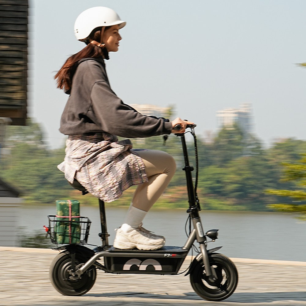 Električný skúter iScooter F2 s sedadlom a zadným košíkom, 500W motor, 36V 7.8Ah batéria, 10-palcové pneumatiky, maximálna rýchlosť 30 km/h, dojazd 30 km, predné a zadné bubnové brzdy, maximálne zaťaženie 120 kg.