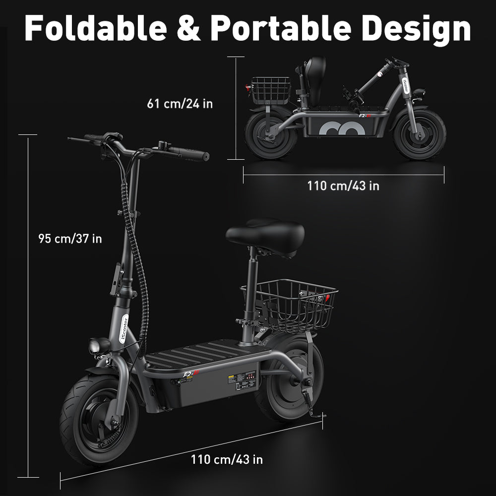 Električný skúter iScooter F2 s sedadlom a zadným košíkom, 500W motor, 36V 7.8Ah batéria, 10-palcové pneumatiky, maximálna rýchlosť 30 km/h, dojazd 30 km, predné a zadné bubnové brzdy, maximálne zaťaženie 120 kg.