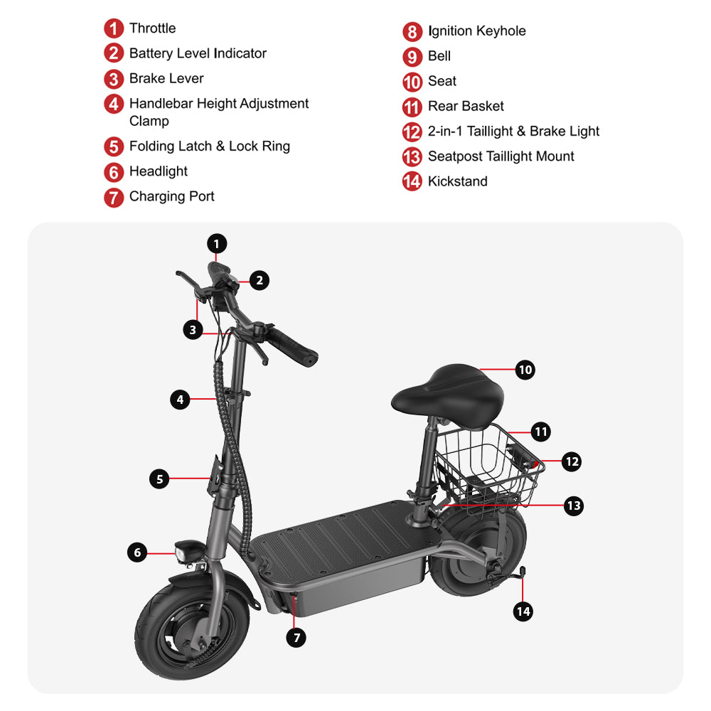 Električný skúter iScooter F2 s posedením a zadným košíkom, 500W motor, 36V 7.8Ah batéria, 10-palcové pneumatiky, maximálna rýchlosť 30 km/h, dojazd 30 km, predné a zadné bubnové brzdy, maximálne zaťaženie 120 kg.