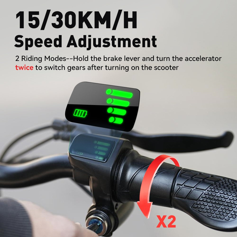 Električný skúter iScooter F2 s posedením a zadným košíkom, 500W motor, 36V 7.8Ah batéria, 10-palcové pneumatiky, maximálna rýchlosť 30 km/h, dojazd 30 km, predné a zadné bubnové brzdy, maximálne zaťaženie 120 kg.