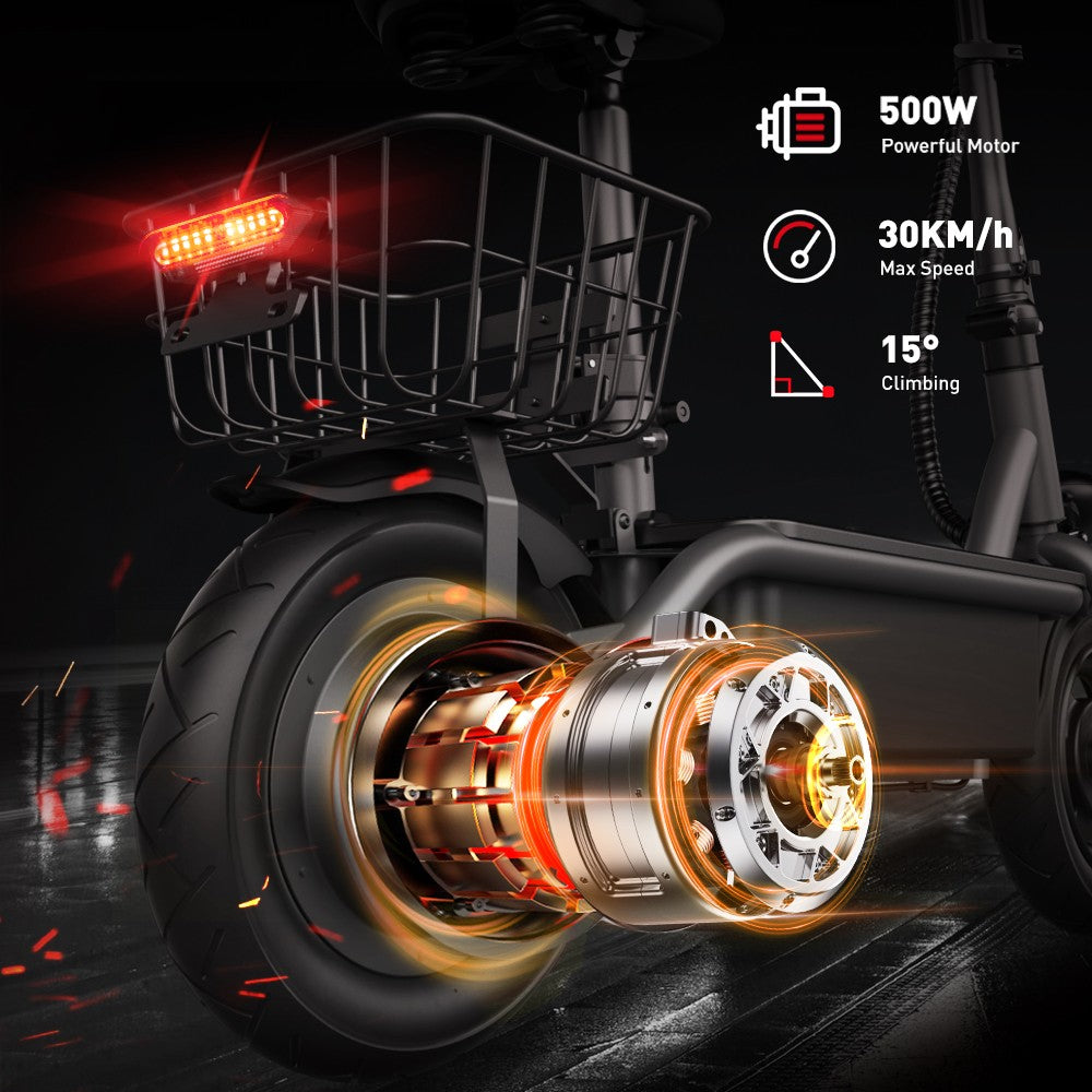 Električný skúter iScooter F2 s sedadlom a zadným košíkom, 500W motor, 36V 7.8Ah batéria, 10-palcové pneumatiky, maximálna rýchlosť 30 km/h, dojazd 30 km, predné a zadné bubnové brzdy, maximálne zaťaženie 120 kg.