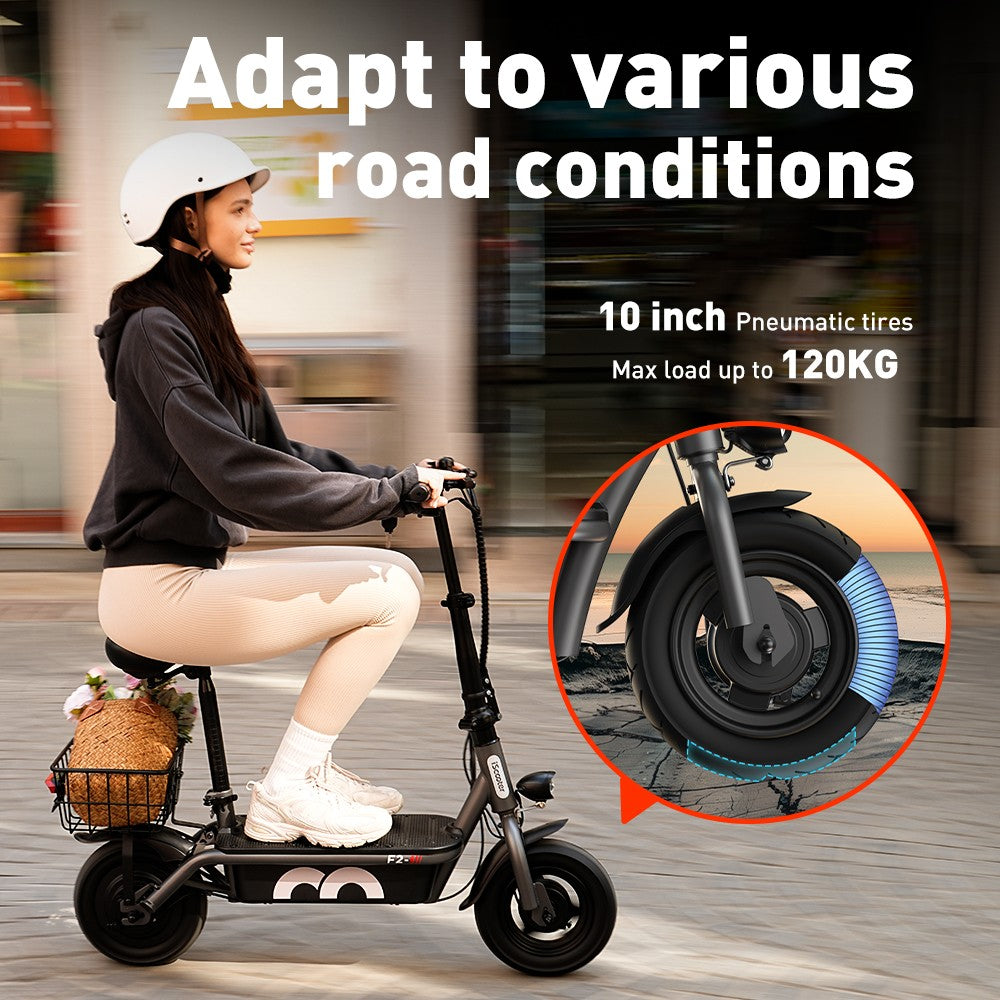 Električný skúter iScooter F2 s posedením a zadným košíkom, 500W motor, 36V 7.8Ah batéria, 10-palcové pneumatiky, maximálna rýchlosť 30 km/h, dojazd 30 km, predné a zadné bubnové brzdy, maximálne zaťaženie 120 kg.