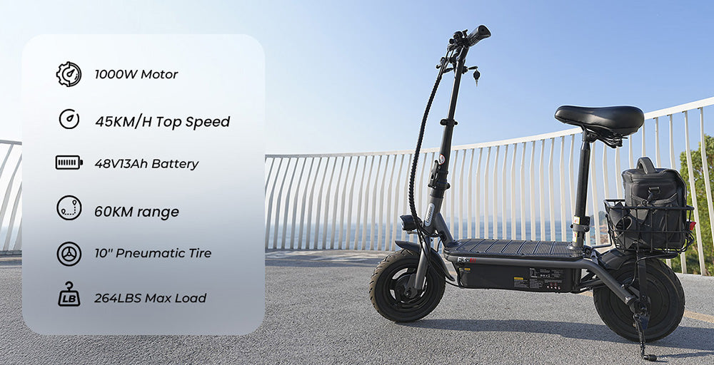 Elektromobilný skúter iScooter F3 s sedadlom a zadným košíkom, 1000W motor, 48V 13Ah batéria, 10-palcové pneumatiky, maximálna rýchlosť 45 km/h, dojazd 60 km, predná a zadná bubnová brzda, maximálne zaťaženie 120 kg.