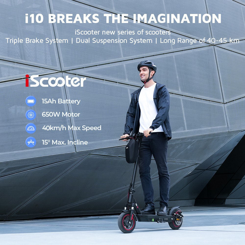 Elektromobilný skúter iScooter i10, motor 650 W, 36 V 15 Ah, 10-palcové pneumatiky, maximálna rýchlosť 40 km/h, maximálny dojazd 45 km, predné a zadné odpruženie, elektronická a kotúčová brzda.