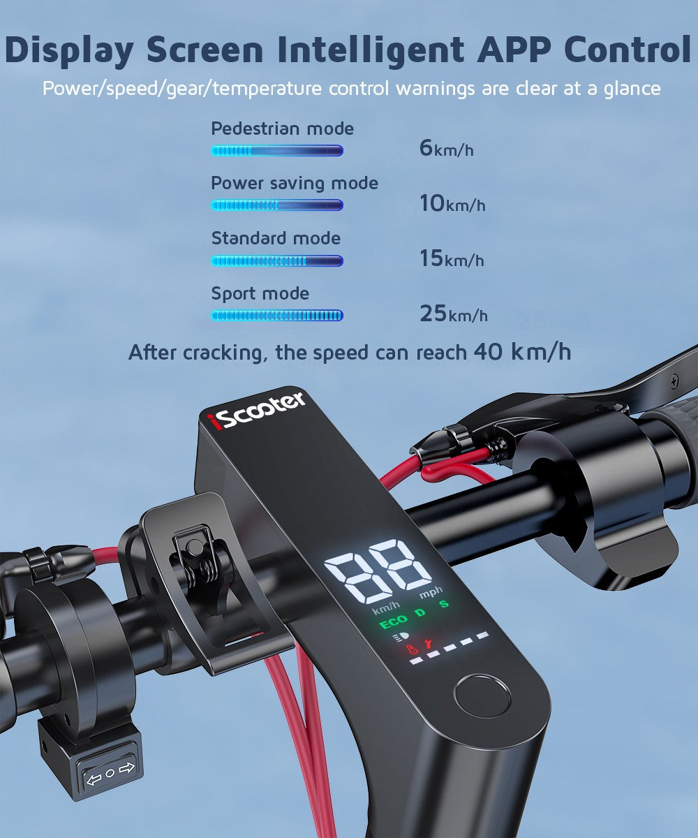 Električný skúter iScooter i10, motor 650 W, 36 V 15 Ah, 10-palcové pneumatiky, maximálna rýchlosť 40 km/h, maximálny dojazd 45 km, predné a zadné odpruženie, elektronická a kotúčová brzda.