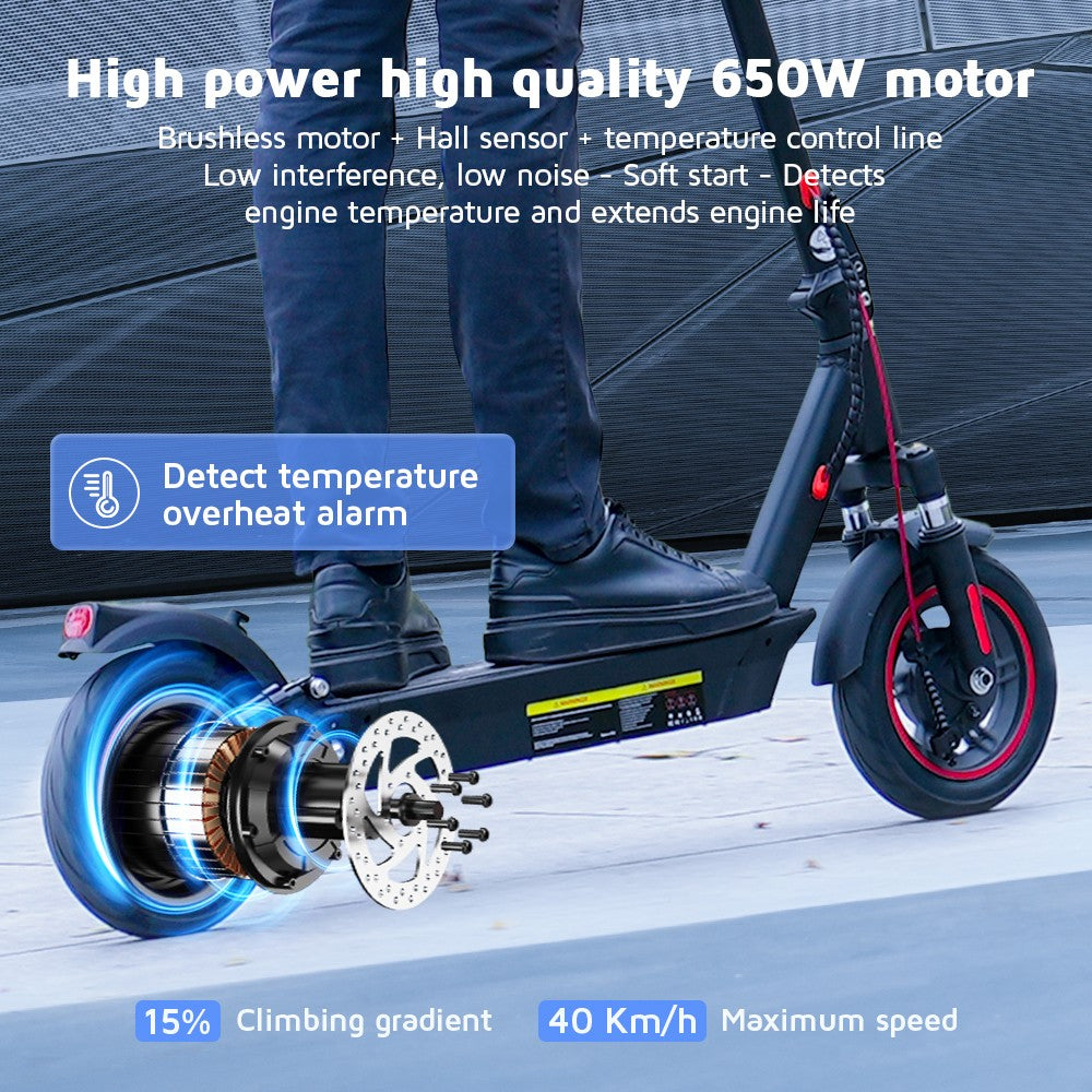 Električný skúter iScooter i10, motor 650 W, 36 V 15 Ah, 10-palcové pneumatiky, maximálna rýchlosť 40 km/h, maximálny dojazd 45 km, predné a zadné odpruženie, elektronická a kotúčová brzda.