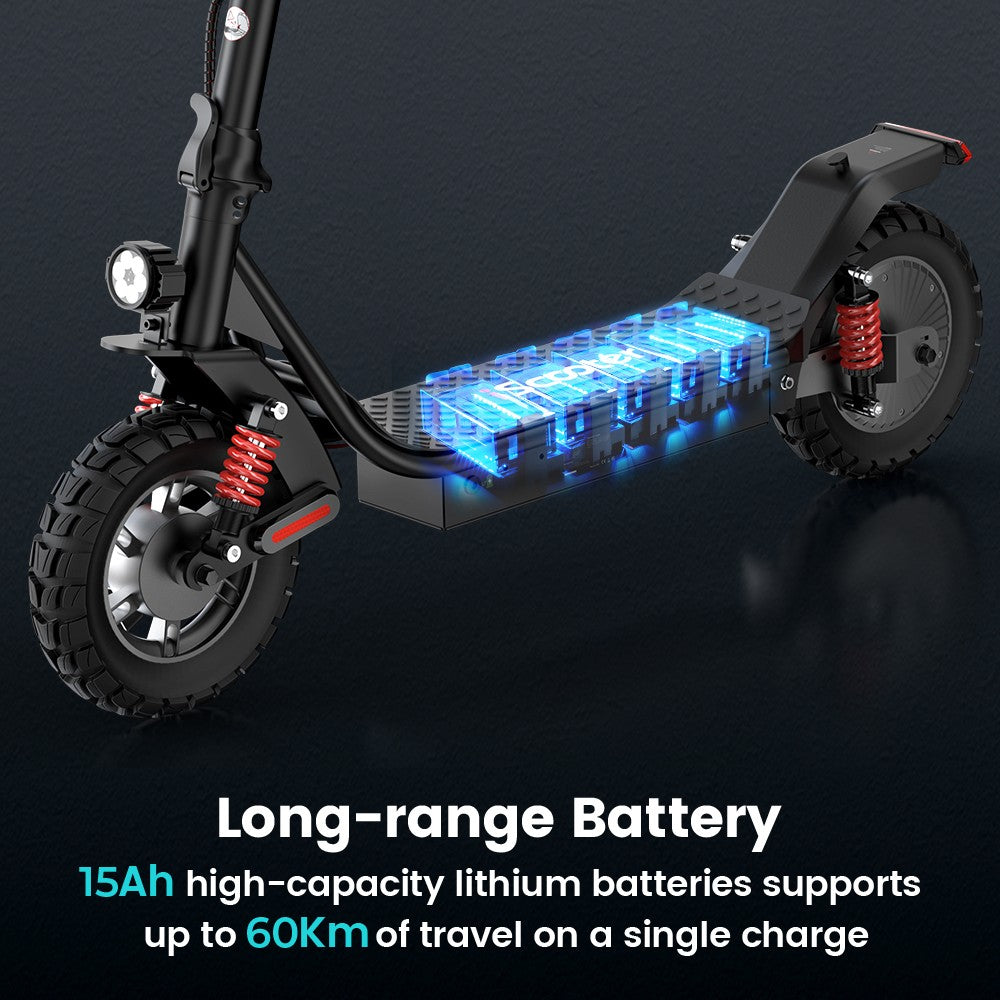 Elektromobilný skúter iScooter i10 Pro, 800W motor, 48V 15Ah batéria, 10-palcové pneumatiky, maximálna rýchlosť 45 km/h, dojazd 60 km, elektronická a bubnová brzda, predné a zadné odpruženie, LED displej, ovládanie cez aplikáciu.