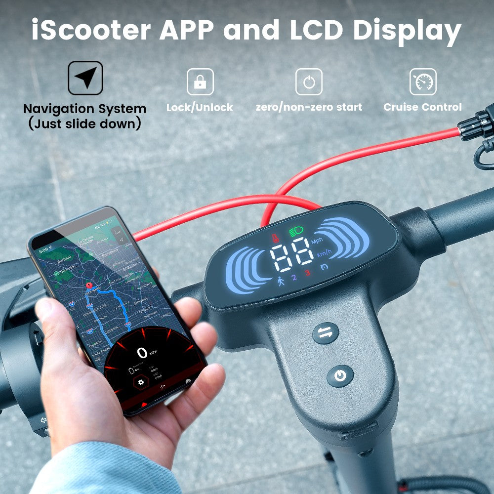 Elektromobilný skúter iScooter i10 Pro, 800W motor, 48V 15Ah batéria, 10-palcové pneumatiky, maximálna rýchlosť 45 km/h, dojazd 60 km, elektronická a bubnová brzda, predné a zadné odpruženie, LED displej, ovládanie cez aplikáciu.