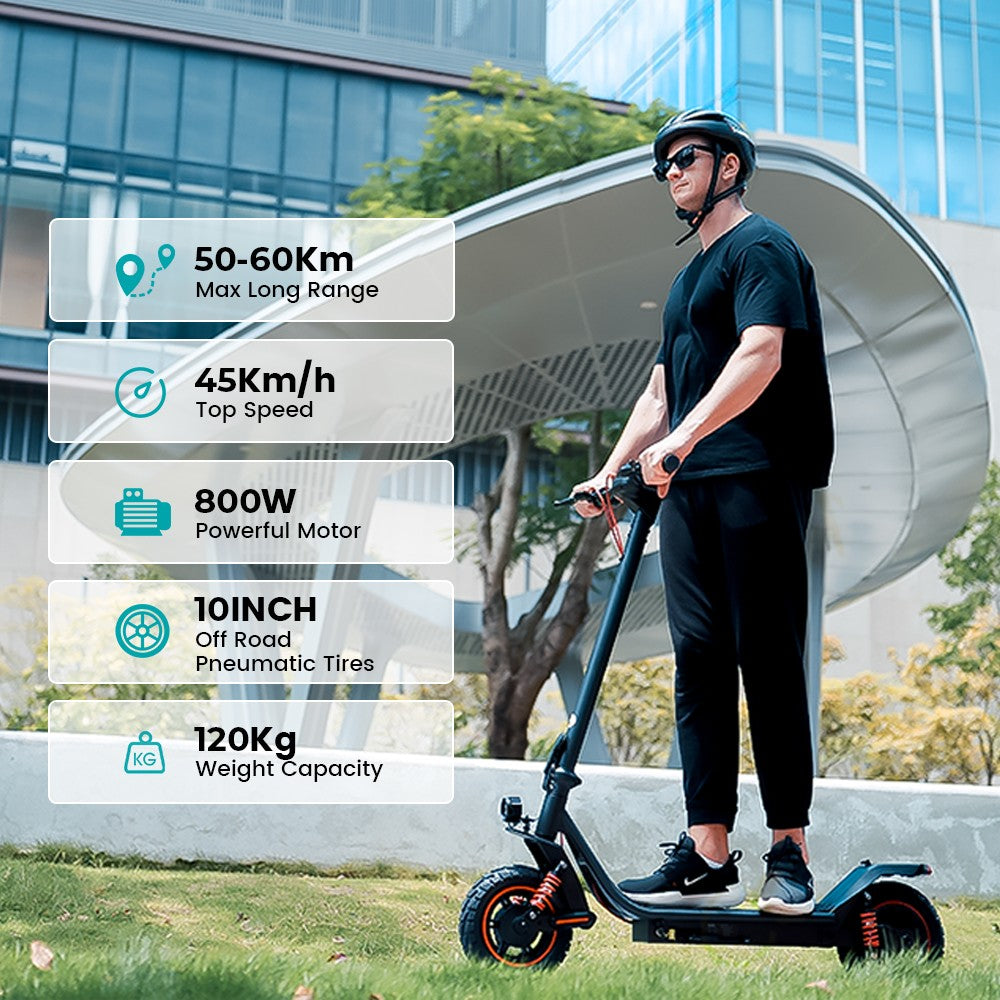 Elektromobilný skúter iScooter i10 Pro, 800W motor, 48V 15Ah batéria, 10-palcové pneumatiky, maximálna rýchlosť 45 km/h, dojazd 60 km, elektronická a bubnová brzda, predné a zadné odpruženie, LED displej, ovládanie cez aplikáciu.