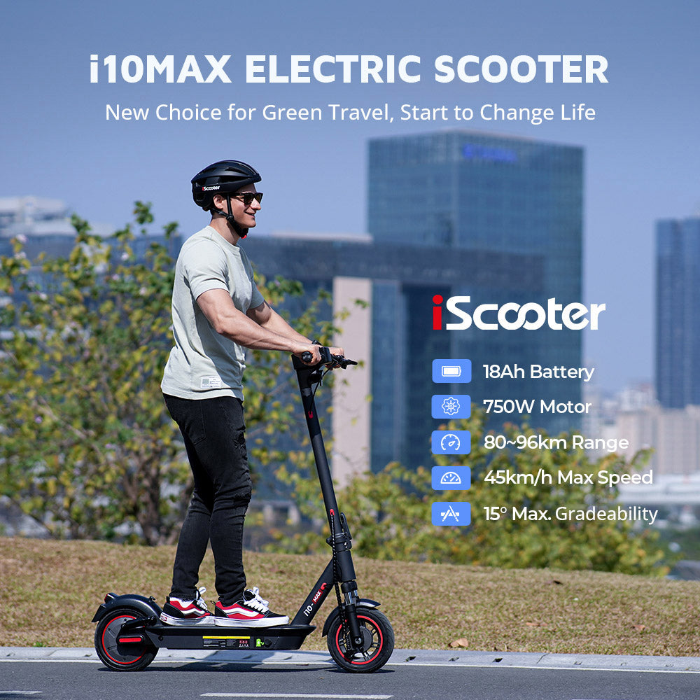 Elektromobilný skúter iScooter i10Max, 750W motor, 48V 18Ah batéria, 10-palcové pneumatiky, maximálna rýchlosť 45 km/h, dojazd 96 km, vodotesnosť IP54, predné a zadné odpruženie, ovládanie cez aplikáciu.