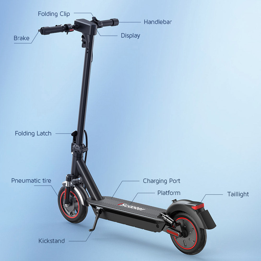 Elektromobilný skúter iScooter i10Max, 750W motor, 48V 18Ah batéria, 10-palcové pneumatiky, maximálna rýchlosť 45 km/h, dojazd 96 km, vodotesnosť IP54, predné a zadné odpruženie, ovládanie cez aplikáciu.